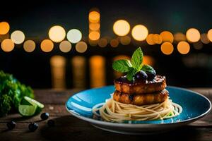 a plate of spaghetti with blueberries and mint on a wooden table. AI-Generated photo