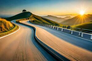 un devanado la carretera en el montañas a puesta de sol. generado por ai foto