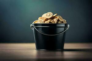 a bucket filled with cookies on a wooden table. AI-Generated photo