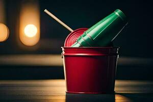 a red bucket with a green lid and a straw. AI-Generated photo