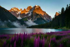 the mountains are covered in purple flowers and the lake is surrounded by purple flowers. AI-Generated photo