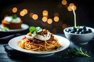 spaghetti with meatballs and blueberries on a plate. AI-Generated photo
