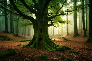 a large tree in the middle of a forest. AI-Generated photo