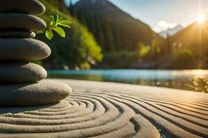 a stack of stones sitting on the sand near a lake. AI-Generated photo