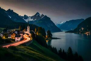 a church and mountain range at dusk. AI-Generated photo