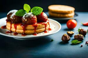 un plato con un pastel con fresas y jarabe. generado por ai foto