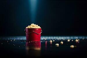 a bucket of popcorn on a dark surface. AI-Generated photo