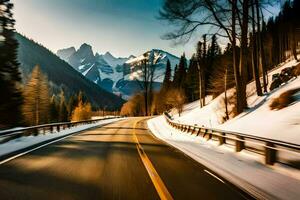 a snowy road with mountains in the background. AI-Generated photo