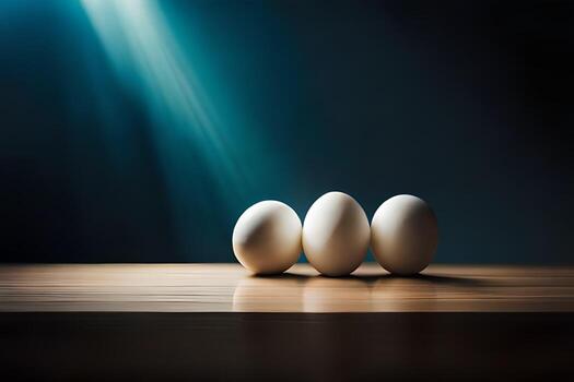 three eggs on a table with light shining from behind. AI-Generated photo