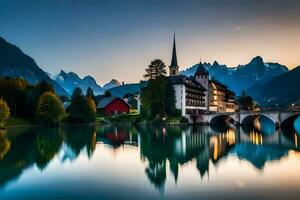 el hermosa pueblo de Suiza a puesta de sol. generado por ai foto