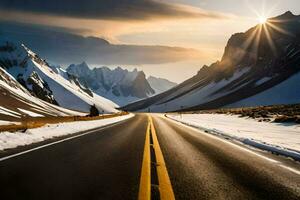 a road in the mountains with snow and sun. AI-Generated photo