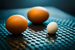 three eggs on a black surface with a white egg in the middle. AI-Generated photo