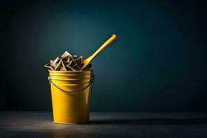 a bucket filled with chocolate and a spoon. AI-Generated photo