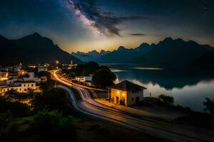 the milky way over a lake and town at night. AI-Generated photo