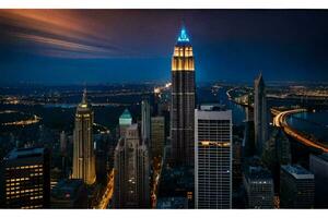 the empire state building is lit up at night. AI-Generated photo