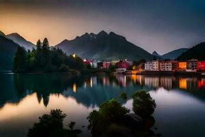 a lake and mountains at dusk with houses. AI-Generated photo