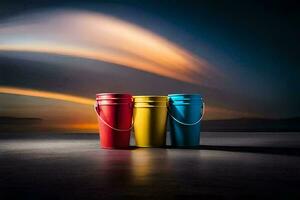 three buckets of different colors on a dark surface. AI-Generated photo
