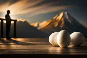 three eggs on a table with a man standing in the background. AI-Generated photo