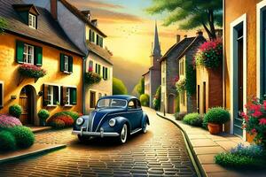 a painting of a car driving down a cobblestone street. AI-Generated photo