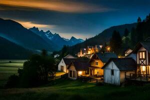 photo wallpaper the sky, mountains, night, the village, houses, mountains, the village,. AI-Generated