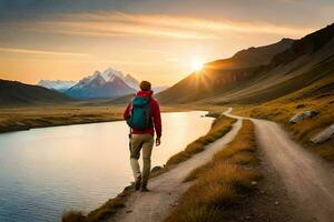 a man with a backpack walking along a path near a river. AI-Generated photo