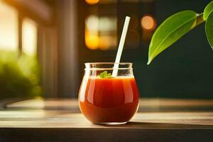 a glass of juice with a straw sitting on a table. AI-Generated photo