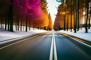 a road with trees and snow on it. AI-Generated photo