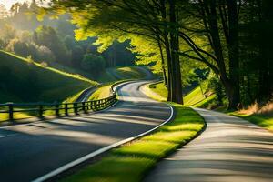 a long road with trees and grass on both sides. AI-Generated photo