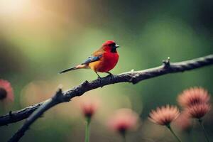 a red bird sits on a branch with pink flowers. AI-Generated photo