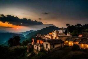 foto fondo de pantalla el cielo, montañas, atardecer, el aldea, el atardecer, el aldea, el. generado por ai