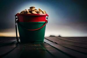 a bucket of coins sitting on a wooden table. AI-Generated photo