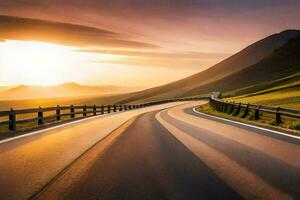 a long road with the sun setting behind it. AI-Generated photo