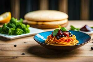 spaghetti with tomato sauce and vegetables on a wooden table. AI-Generated photo