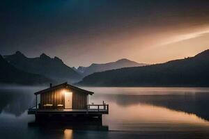 a small house sits on a dock at sunset. AI-Generated photo