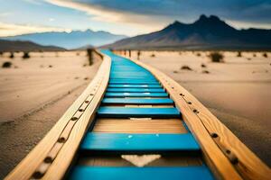 a wooden bridge in the desert with mountains in the background. AI-Generated photo