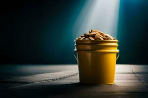 a bucket filled with nuts on a dark floor. AI-Generated photo