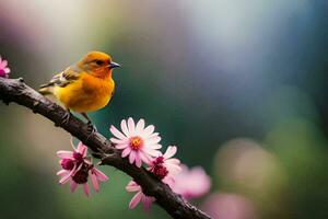 a small bird is perched on a branch with pink flowers. AI-Generated photo