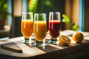 three glasses of orange juice sit on a table. AI-Generated photo