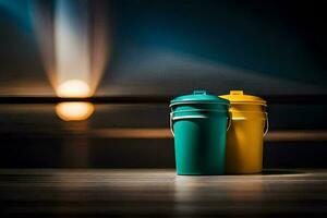 two colorful trash cans sit on a wooden table. AI-Generated photo