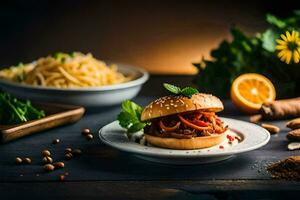 a burger with vegetables and spices on a plate. AI-Generated photo