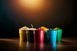 a row of colorful buckets with different types of food. AI-Generated photo
