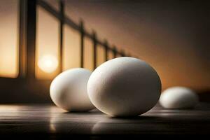 three eggs are sitting on a table in front of a window. AI-Generated photo