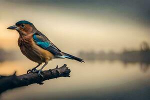 un pájaro sentado en un rama cerca un lago. generado por ai foto