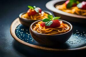 two bowls of spaghetti with strawberries and mint leaves. AI-Generated photo