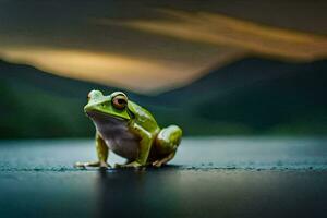 a frog sitting on the ground in front of a mountain. AI-Generated photo