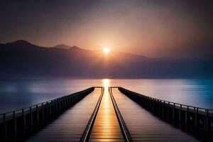 a long pier with the sun setting over the water. AI-Generated photo