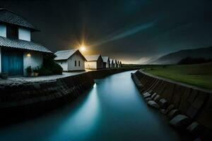 foto fondo de pantalla el cielo, noche, luna, agua, río, casa, casa, el Luna. generado por ai