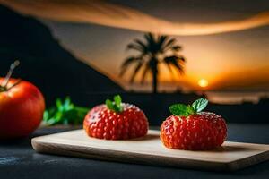 two strawberries on a cutting board with a sunset in the background. AI-Generated photo