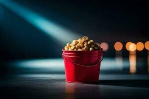 a bucket of peanuts on a table. AI-Generated photo