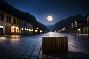 a wooden bench sitting in the middle of a street at night. AI-Generated photo